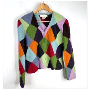 VTG 90s Susan Martin Lambswool Cardigan S Geometric Patchwork Multicolor Boho